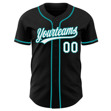Custom Black White-Teal Authentic Baseball Jersey