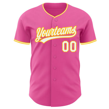 Custom Pink White-Yellow Authentic Baseball Jersey