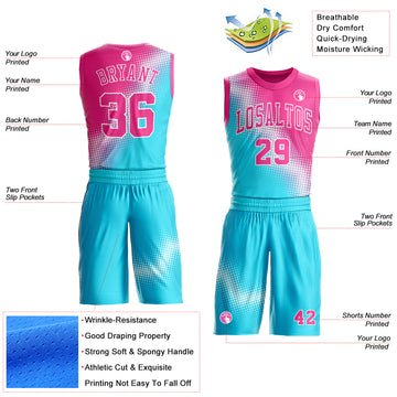 Custom Sky Blue Pink-White Gradient Two Tone Diamond Shape Round Neck Sublimation Basketball Suit Jersey