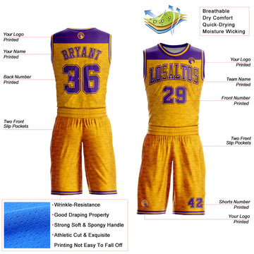 Custom Gold Purple Color Block Round Neck Sublimation Basketball Suit Jersey
