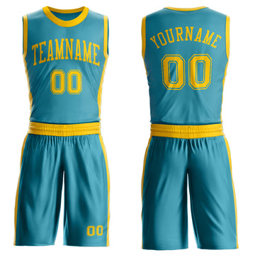 Custom Teal Gold Round Neck Suit Basketball Jersey
