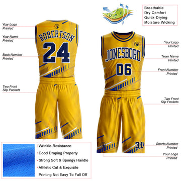 Custom Yellow Navy Royal-White Geometric Stripe Round Neck Sublimation Basketball Suit Jersey
