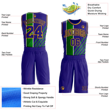 Custom Dark Purple Grass Green White-Gold Geometric Stripe Round Neck Sublimation Basketball Suit Jersey
