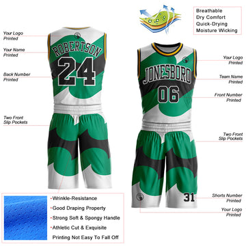 Custom White Black Green-Gold Wave Geometric Stripe Round Neck Sublimation Basketball Suit Jersey
