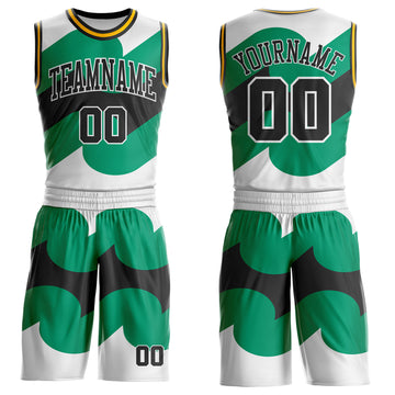 Custom White Black Green-Gold Wave Geometric Stripe Round Neck Sublimation Basketball Suit Jersey