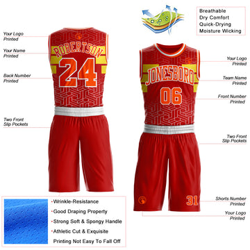 Custom Red Orange Yellow-White Geometric Maze Stripe Round Neck Sublimation Basketball Suit Jersey