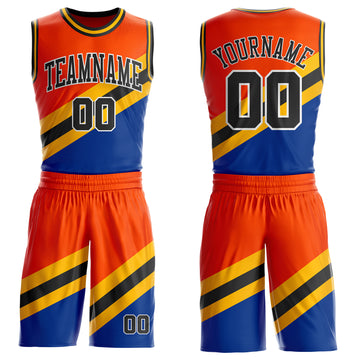 Custom Orange Black Gold Royal-White Geometric Stripe Round Neck Sublimation Basketball Suit Jersey