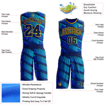 Custom Thunder Blue Navy Lakes Blue-Gold Geometric Stripe Round Neck Sublimation Basketball Suit Jersey