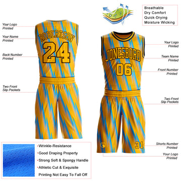 Custom Gold Lakes Blue Brown-Black Gradient Lightning Stripe Round Neck Sublimation Basketball Suit Jersey