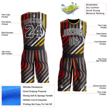 Custom Black Steel Gray Red White-Gold Wave Stripe Round Neck Sublimation Basketball Suit Jersey
