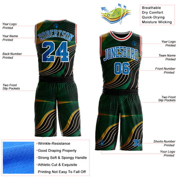 Custom Black Blue Green Old Gold White-Red Wave Stripe Round Neck Sublimation Basketball Suit Jersey