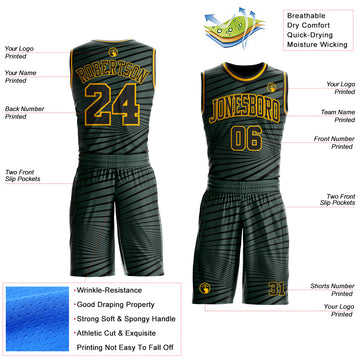Custom Gray Black-Gold Radial Stripe Round Neck Sublimation Basketball Suit Jersey