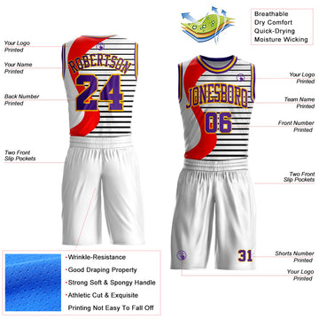 Custom White Purple Red-Gold Wave Stripe Round Neck Sublimation Basketball Suit Jersey