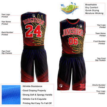 Custom Black Red Yellow Blue-White Wing Gradient Boho Style Round Neck Sublimation Basketball Uniform Jersey