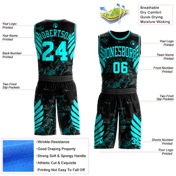 Custom Black-Blue Graffiti Wing Boho Style Round Neck Sublimation Basketball Uniform Jersey