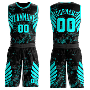Custom Black-Blue Graffiti Wing Boho Style Round Neck Sublimation Basketball Uniform Jersey