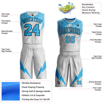 Custom White Sky Blue-Black Wing Lightning Boho Style Round Neck Sublimation Basketball Uniform Jersey