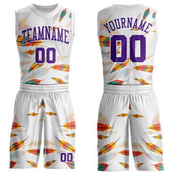 Custom White-Purple Feather Boho Style Round Neck Sublimation Basketball Uniform Jersey
