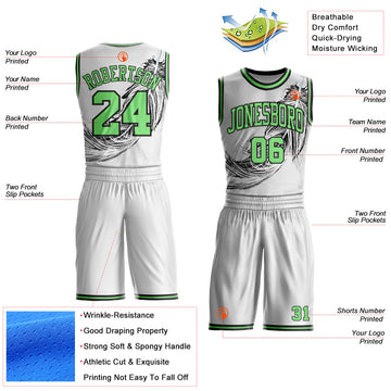 Custom White Pea Green-Black Feather Boho Style Round Neck Sublimation Basketball Uniform Jersey