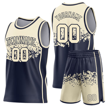 Custom Cream-Navy Shattered Geometric Side Panel Stripe Round Neck Sublimation Basketball Set Jersey