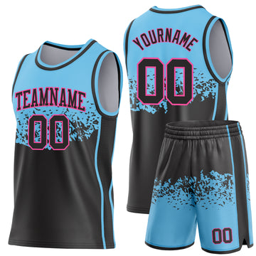 Custom Sky Blue Black-Pink Shattered Geometric Side Panel Stripe Round Neck Sublimation Basketball Set Jersey