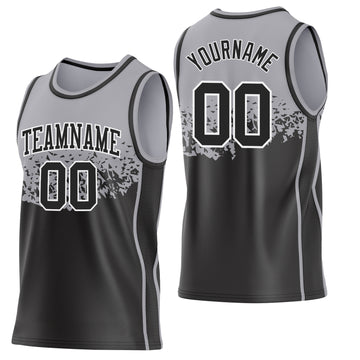 Custom Gray Black-White Shattered Geometric Side Panel Stripe Round Neck Sublimation Basketball Set Jersey