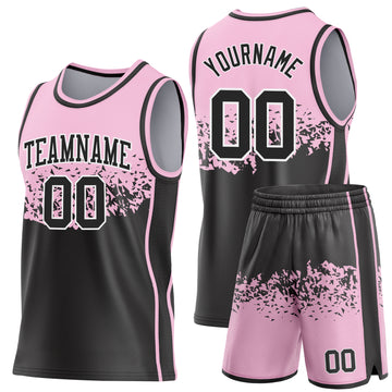 Custom Light Pink Black-White Shattered Geometric Side Panel Stripe Round Neck Sublimation Basketball Set Jersey