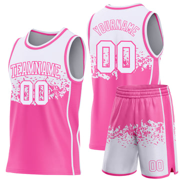 Custom White-Pink Shattered Geometric Side Panel Stripe Round Neck Sublimation Basketball Set Jersey