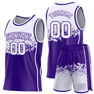 Custom White-Purple Shattered Geometric Side Panel Stripe Round Neck Sublimation Basketball Set Jersey