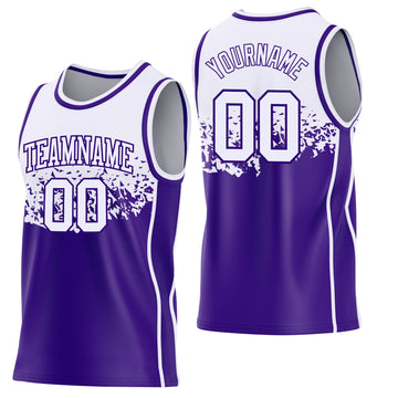 Custom White-Purple Shattered Geometric Side Panel Stripe Round Neck Sublimation Basketball Set Jersey