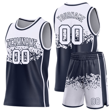 Custom White-Navy Shattered Geometric Side Panel Stripe Round Neck Sublimation Basketball Set Jersey