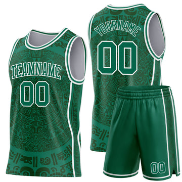 Custom Kelly Green-White Tribal Ethnic Aztec Sun Stone Side Panel Stripe Round Neck Sublimation Basketball Set Jersey