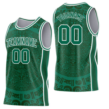 Custom Kelly Green-White Tribal Ethnic Aztec Sun Stone Side Panel Stripe Round Neck Sublimation Basketball Set Jersey