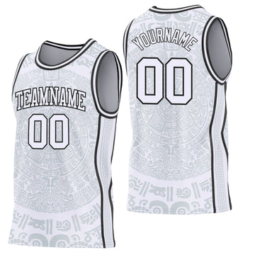 Custom White-Black Tribal Ethnic Aztec Sun Stone Side Panel Stripe Round Neck Sublimation Basketball Set Jersey