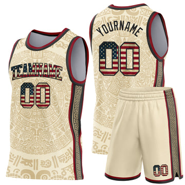 Custom Cream Vintage USA Flag Black-Maroon Tribal Ethnic Aztec Sun Stone Side Panel Stripe Round Neck Sublimation Basketball Set Jersey