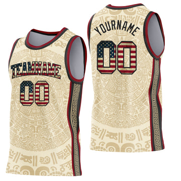 Custom Cream Vintage USA Flag Black-Maroon Tribal Ethnic Aztec Sun Stone Side Panel Stripe Round Neck Sublimation Basketball Set Jersey