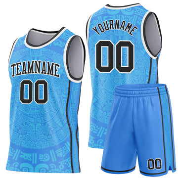 Custom Powder Blue Black-White Tribal Ethnic Aztec Sun Stone Side Panel Stripe Round Neck Sublimation Basketball Set Jersey