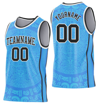 Custom Powder Blue Black-White Tribal Ethnic Aztec Sun Stone Side Panel Stripe Round Neck Sublimation Basketball Set Jersey