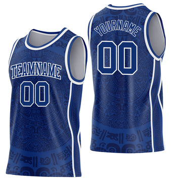 Custom Royal-White Tribal Ethnic Aztec Sun Stone Side Panel Stripe Round Neck Sublimation Basketball Set Jersey