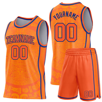 Custom Orange-Royal Tribal Ethnic Aztec Sun Stone Side Panel Stripe Round Neck Sublimation Basketball Set Jersey