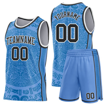 Custom Light Blue Black-White Tribal Ethnic Aztec Sun Stone Side Panel Stripe Round Neck Sublimation Basketball Set Jersey