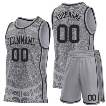 Custom Gray-Black Tribal Ethnic Aztec Sun Stone Side Panel Stripe Round Neck Sublimation Basketball Set Jersey