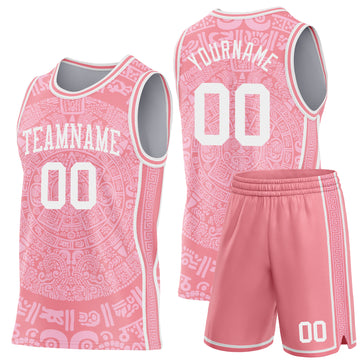 Custom Medium Pink-White Tribal Ethnic Aztec Sun Stone Side Panel Stripe Round Neck Sublimation Basketball Set Jersey