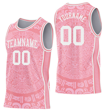 Custom Medium Pink-White Tribal Ethnic Aztec Sun Stone Side Panel Stripe Round Neck Sublimation Basketball Set Jersey