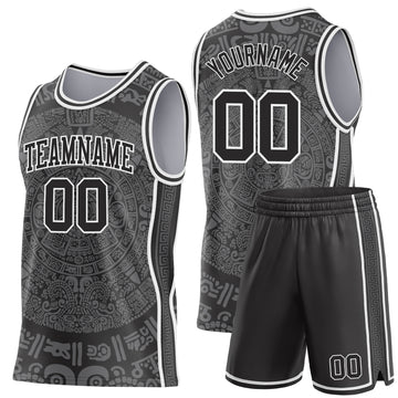 Custom Black-White Tribal Ethnic Aztec Sun Stone Side Panel Stripe Round Neck Sublimation Basketball Set Jersey