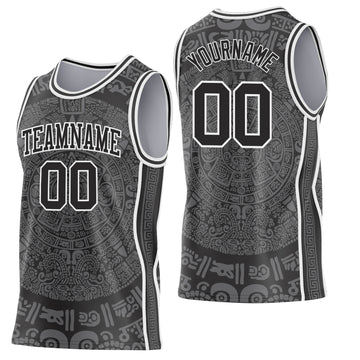 Custom Black-White Tribal Ethnic Aztec Sun Stone Side Panel Stripe Round Neck Sublimation Basketball Set Jersey