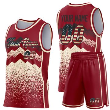 Custom Maroon Vintage USA Flag Cream-Black Mountain Peak Shards Side Panel Stripe Round Neck Sublimation Basketball Set Jersey