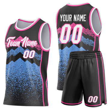 Custom Black White Light Blue-Pink Mountain Peak Shards Side Panel Stripe Round Neck Sublimation Basketball Set Jersey