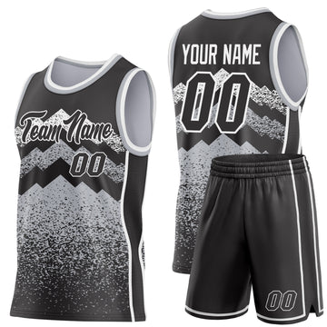 Custom Black Gray-White Mountain Peak Shards Side Panel Stripe Round Neck Sublimation Basketball Set Jersey