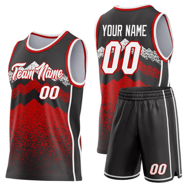 Custom Black White-Red Mountain Peak Shards Side Panel Stripe Round Neck Sublimation Basketball Set Jersey